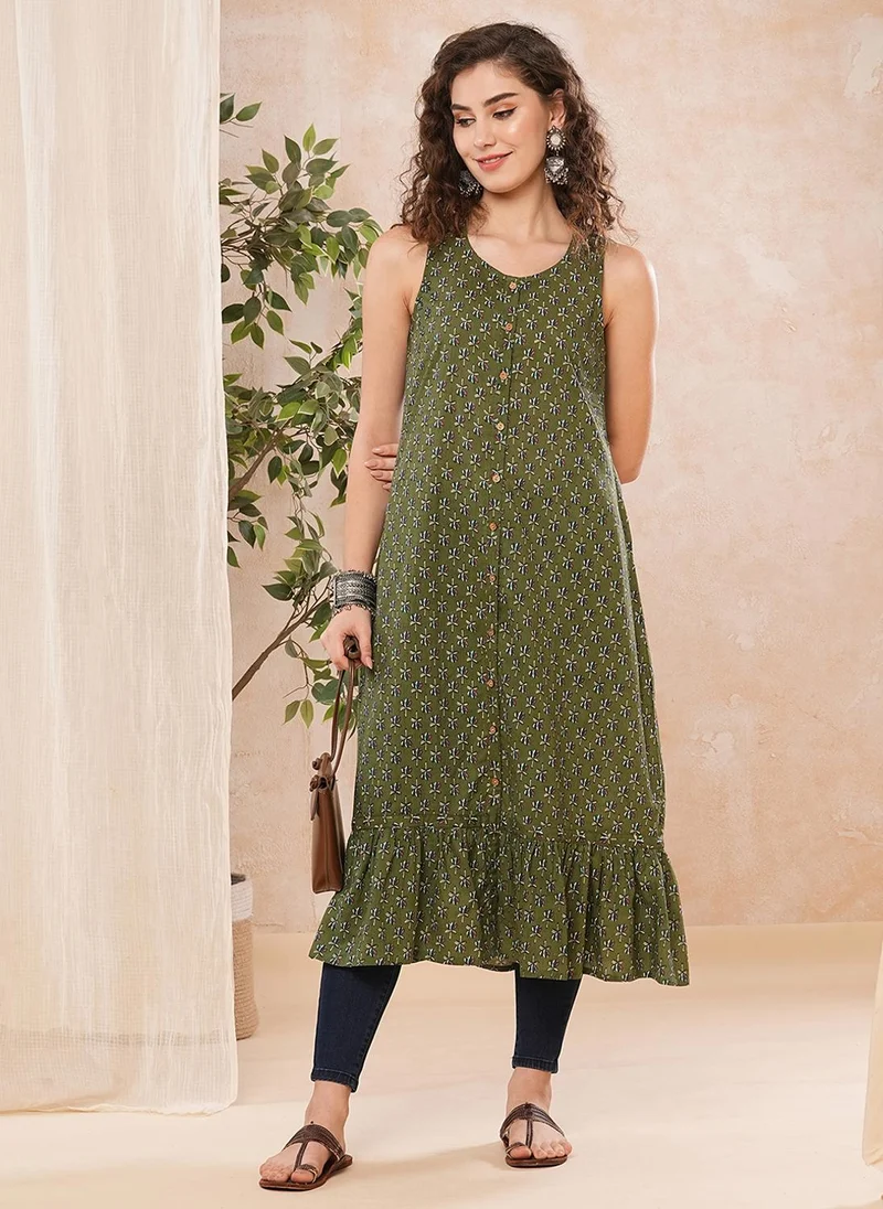 globus Globus Women Green & Gold Toned Floral Printed Gotta Patti Indie Prints A-Line Kurta